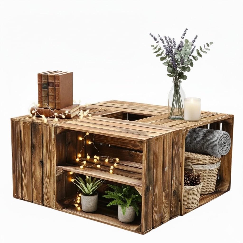 Teramico 4er Set Holzkisten in verschiedenen Variationen- Ideal als Couchtisch, zur Aufbewahrung oder einfach tolle Dekoration (Neu Geflammt 2 x Boden Längs)