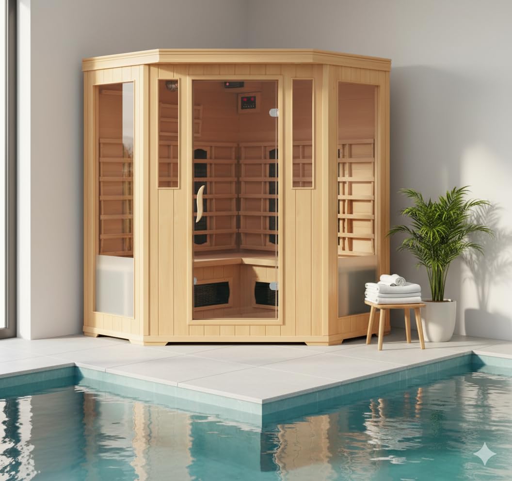 CONCEPT USINE | Cabina per sauna a infrarossi 3-4 posti in legno di tsuga | Calore secco economico | Cromoterapia con 5 lampade | 6 diffusori ceramici + 2 carboni | Stazione LCD | Radio Bluetooth |