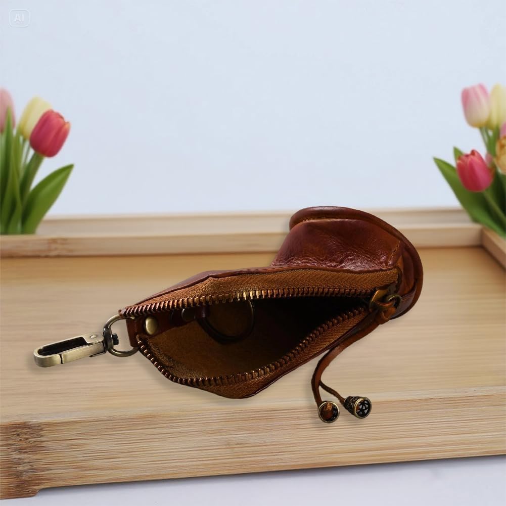 Vintage Cowhide Leather Zipper Coin Purse Medieval Genuine Leather Change Holder Keychain Organizer Middle Age Handmade Travel Pouch Wallet with Key Ring for Halloween Men Women (Brown) - Image 3