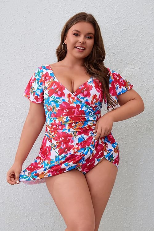 Women's Plus Size Swim Dress One Piece Swimsuit Tummy Control Swimsuit Modest Ruffle V Neck Swimwear - Image 4