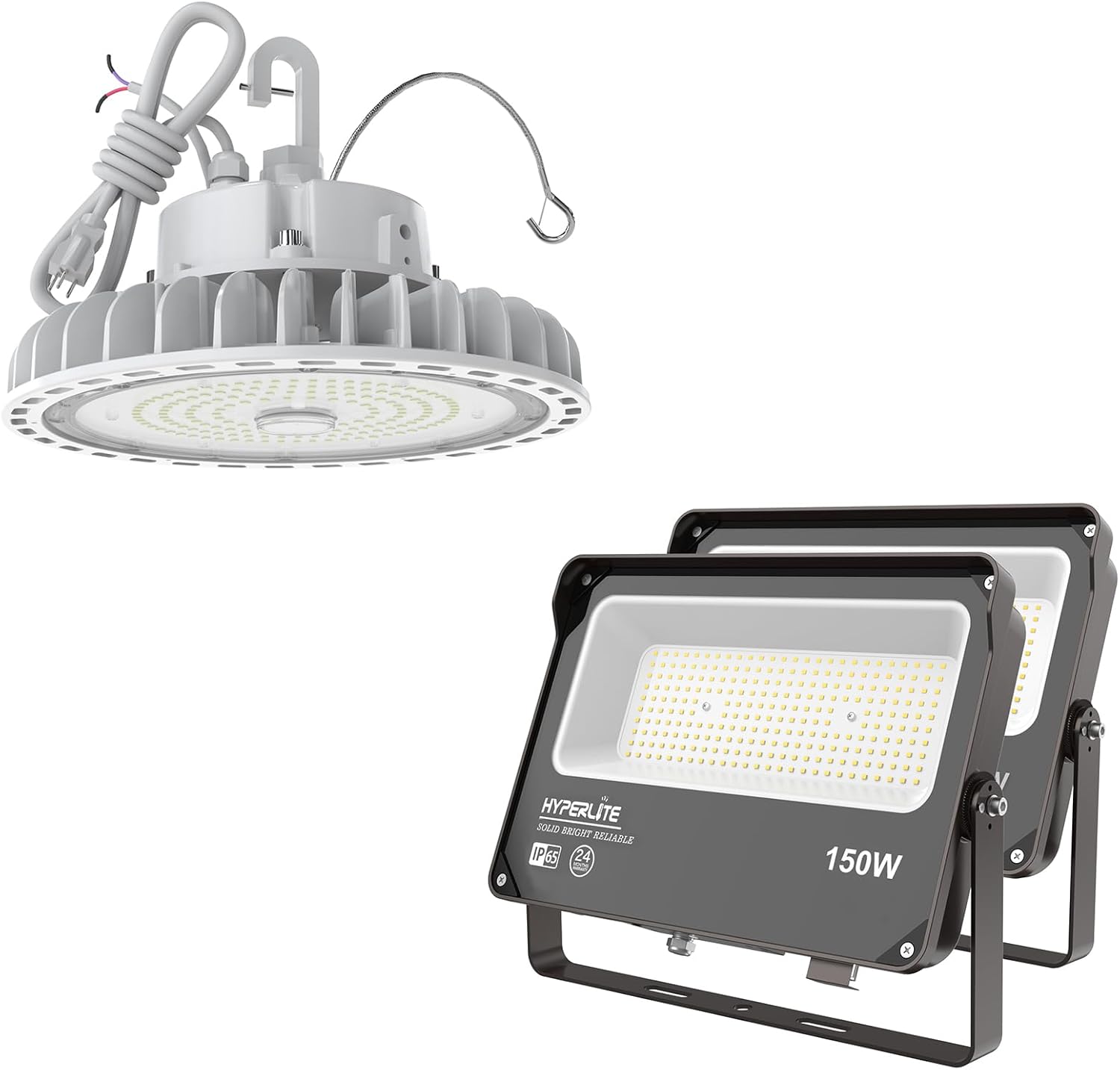HYPERLITE LED High Bay Light 150W 5000K & LED Flood Light with photocell 150W 2Pack