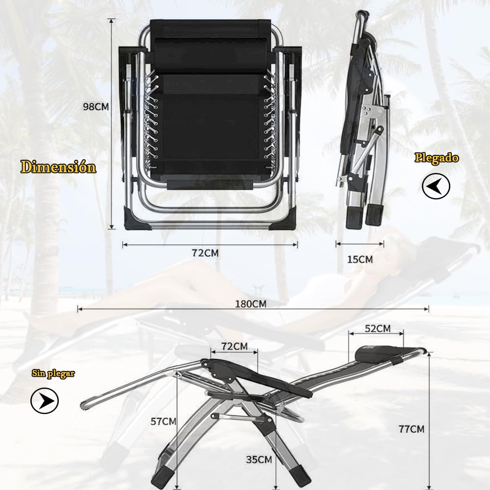 Tumbona Plegable Interior, Tumbonas Jardin Exterior Acolchada Pack de 2 Silla Gravedad Cero Reclinable Camping con Soporte para Bebidas Carga MáXima 200kg (Cojín Negro)