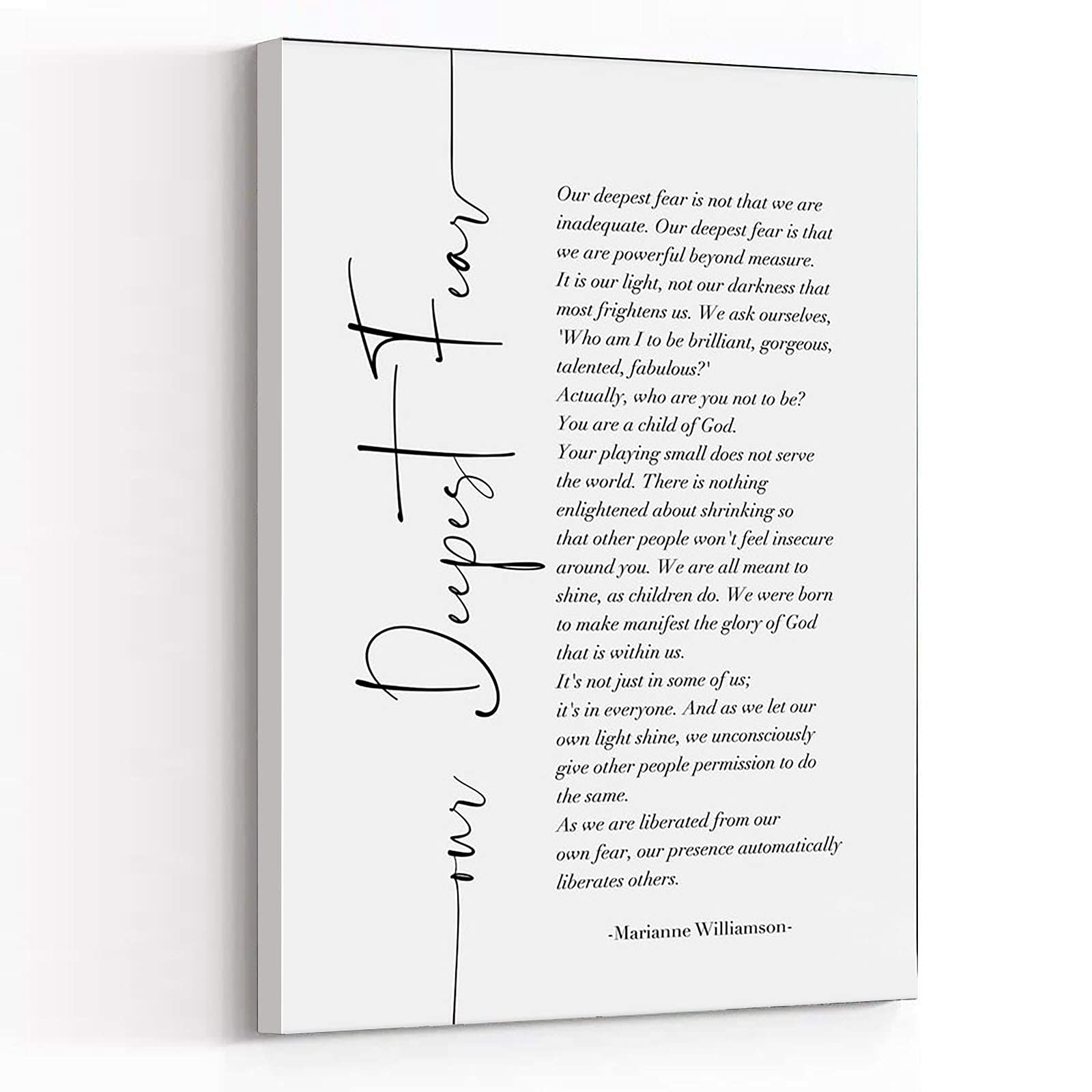 LKJS Fun Office Decor,Our Deepest Fear Framed,Marianne Williamson Wall Art,Child of God,Inspirational quote,Minimalist Sign,Dorm decor,Canvas Art, Framed Modern Canvas White, 8 x 12 in (20 30 cm)