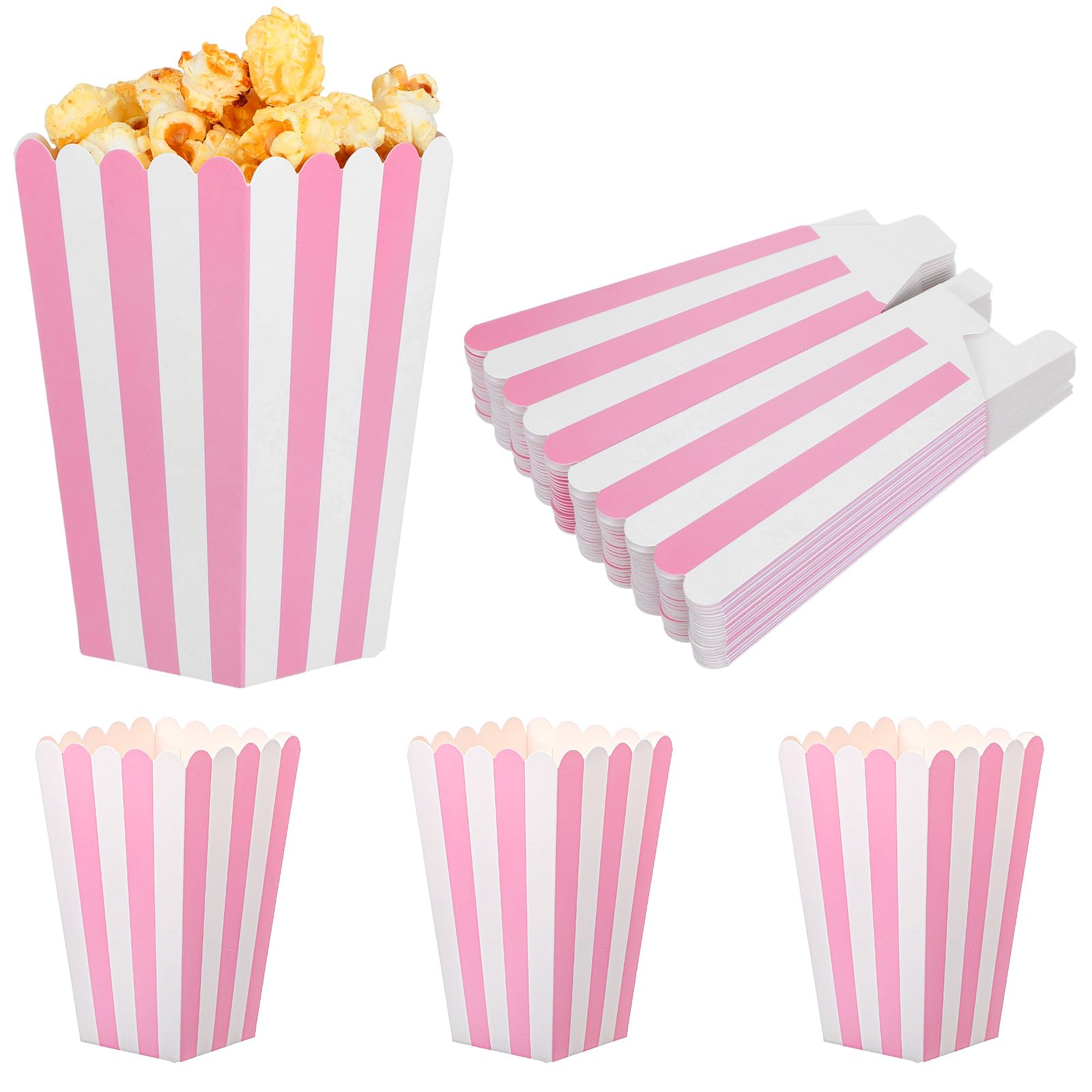 24 Pcs Pink Popcorn Boxes Mini Striped Popcorn Bucket Paper Puffed Rice Bowl Bags Candy Machine Bowl Holder Snack Bar Container for Christmas Birthday Party Favor Movie Night Supplies