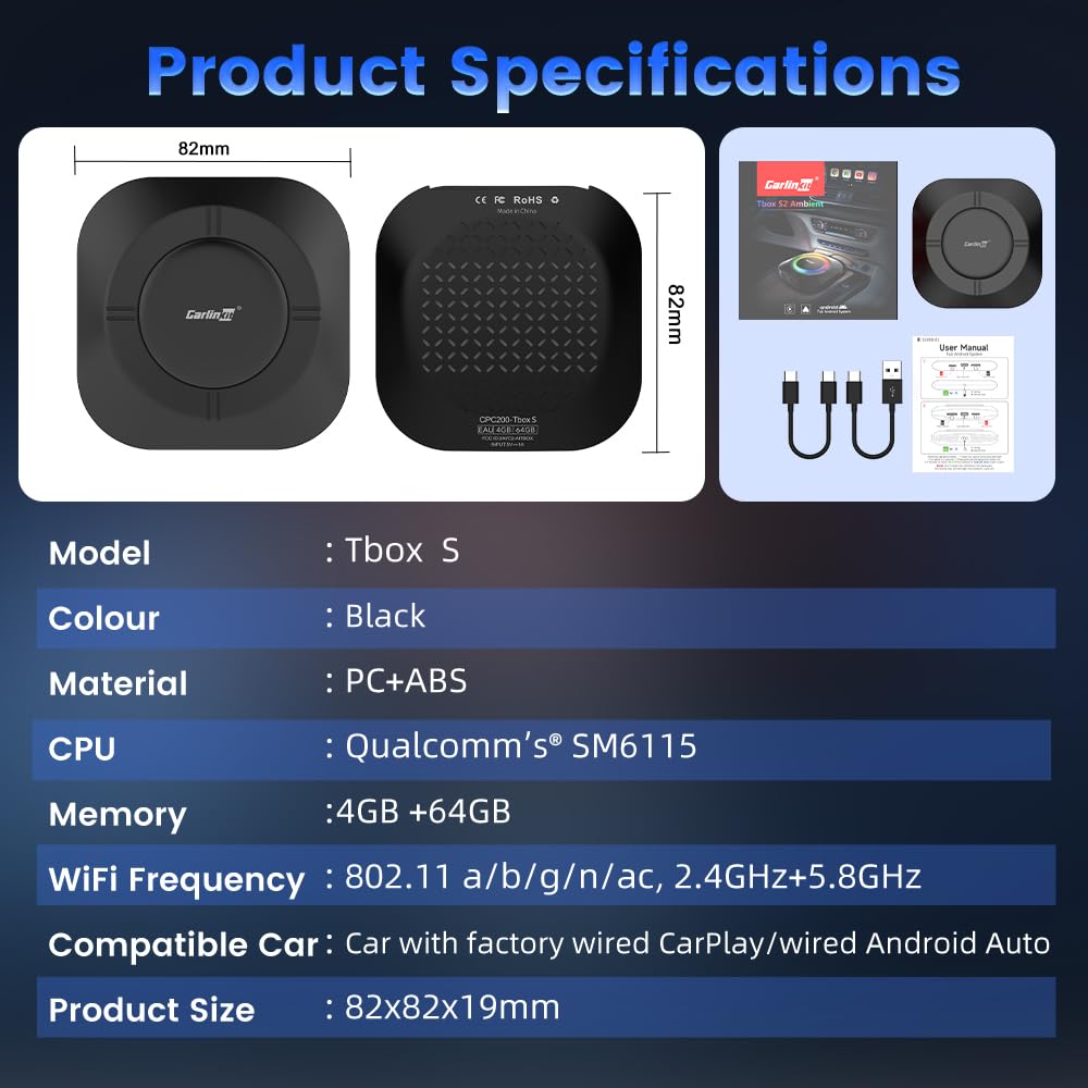 CarlinKit Tbox Ambient Android 13.0 CarPlay ai box,RAM 4G+ROM 64G