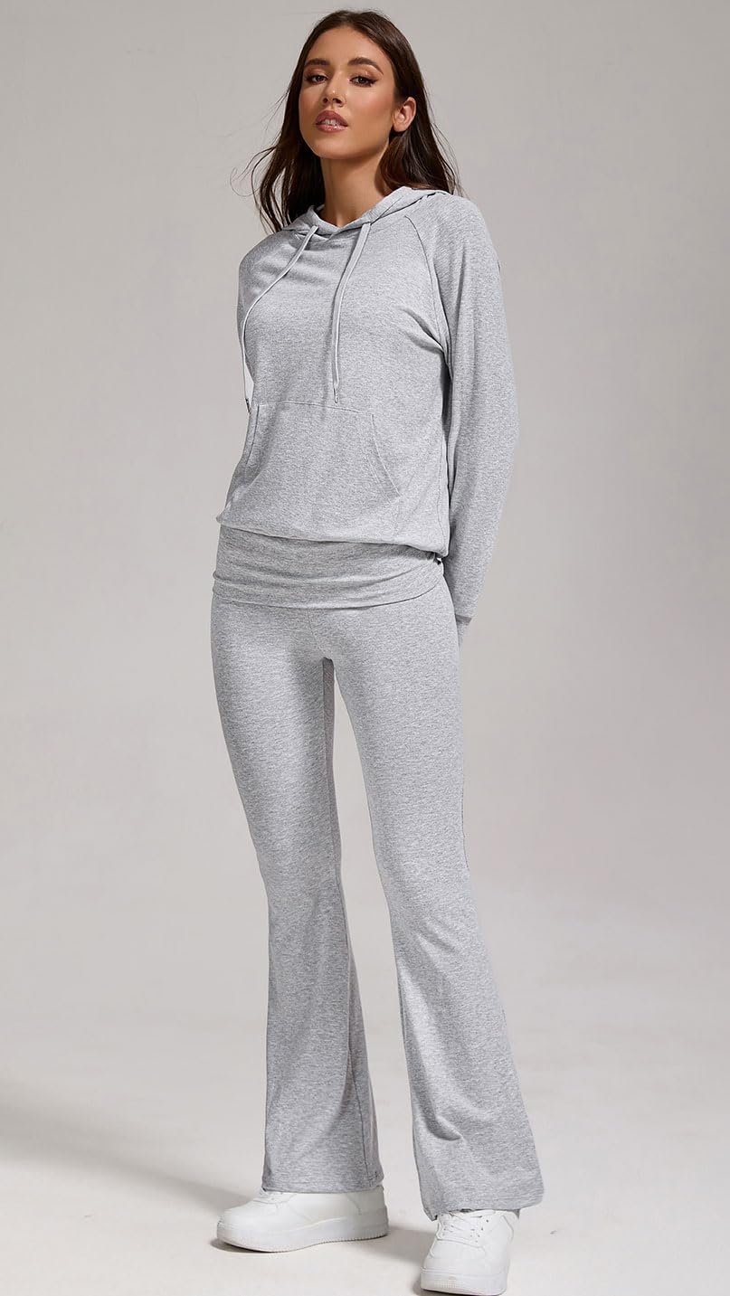 YETOWA Elegante tuta da donna in 2 pezzi, felpa con cappuccio e pantaloni svasati, perfetti per abbigliamento casual attivo