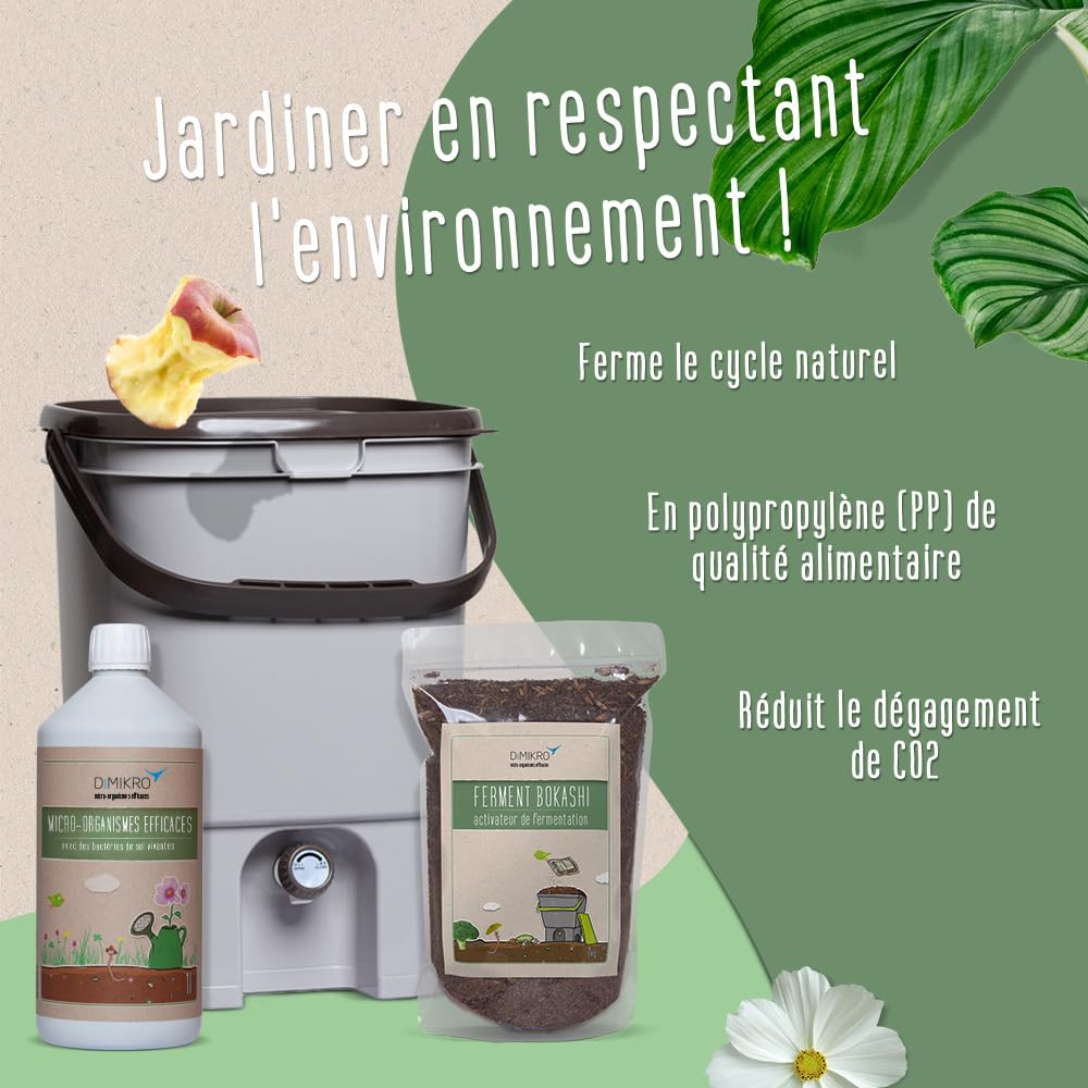 Kit de démarrage Bokashi - Design japonais - 2 seaux (gris) + ferment Bokashi + EM actif + brochure Bokashi