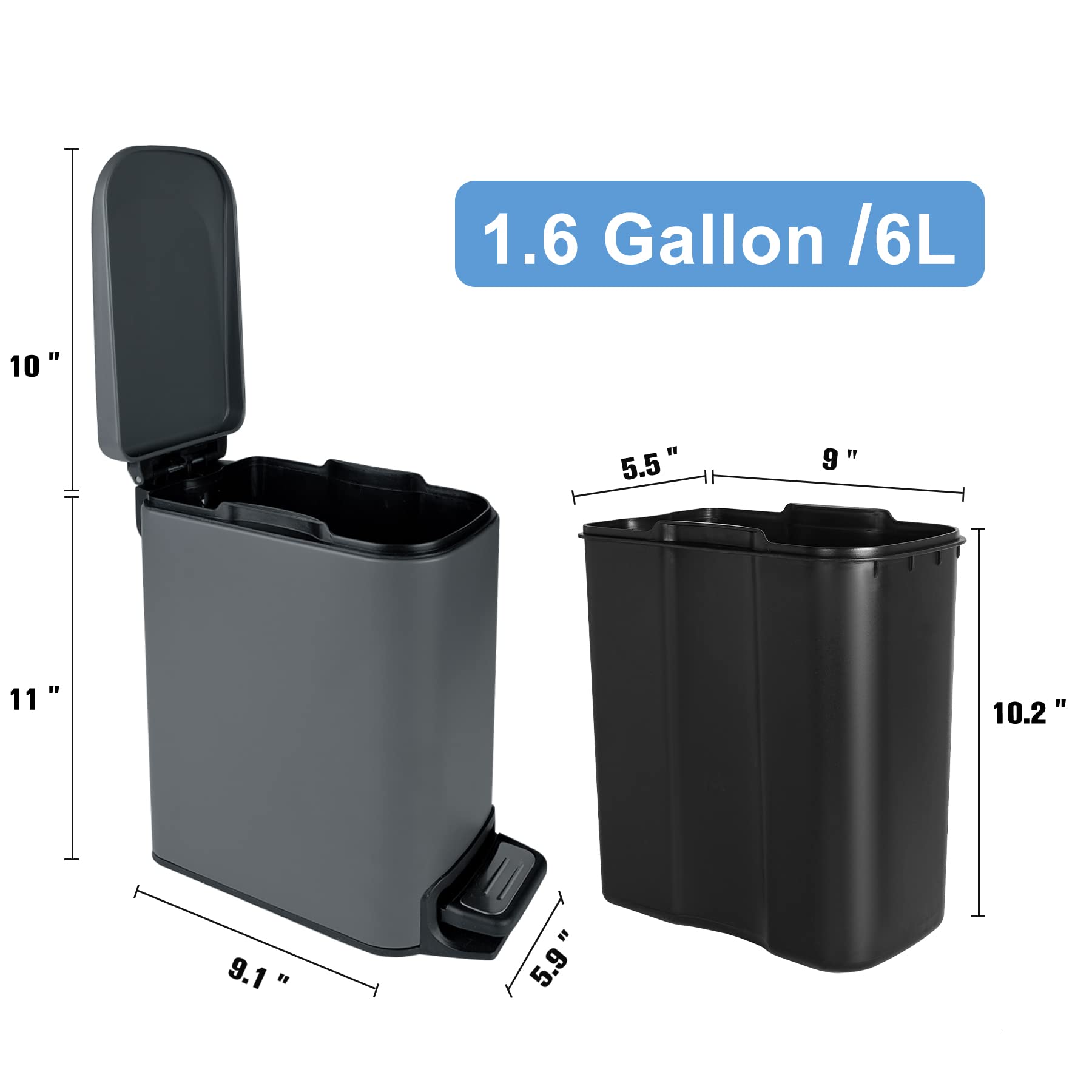 TrashAid Small Bathroom Trash Can with Lid Soft Close, 6 Liter / 1.6 Gallon Stainless Steel Garbage Can Narrow with Removable Inner Bucket, Step Pedal (Gray)