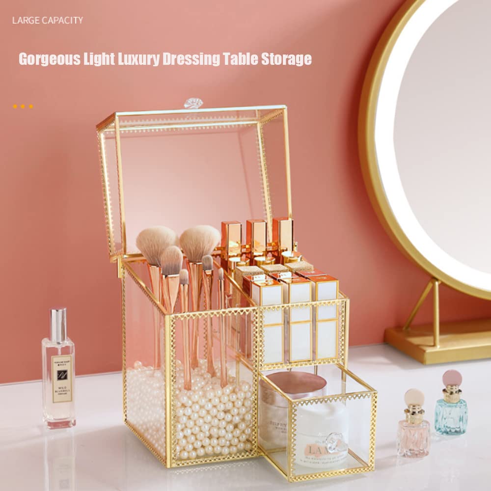 YUEHUA Wielofunkcyjny uchwyt na pędzle do makijażu, w stylu vintage, przezroczyste szkło, organizer na pędzle do przechowywania perfum, lakieru do paznokci, szminek, kremu do twarzy, pędzli do