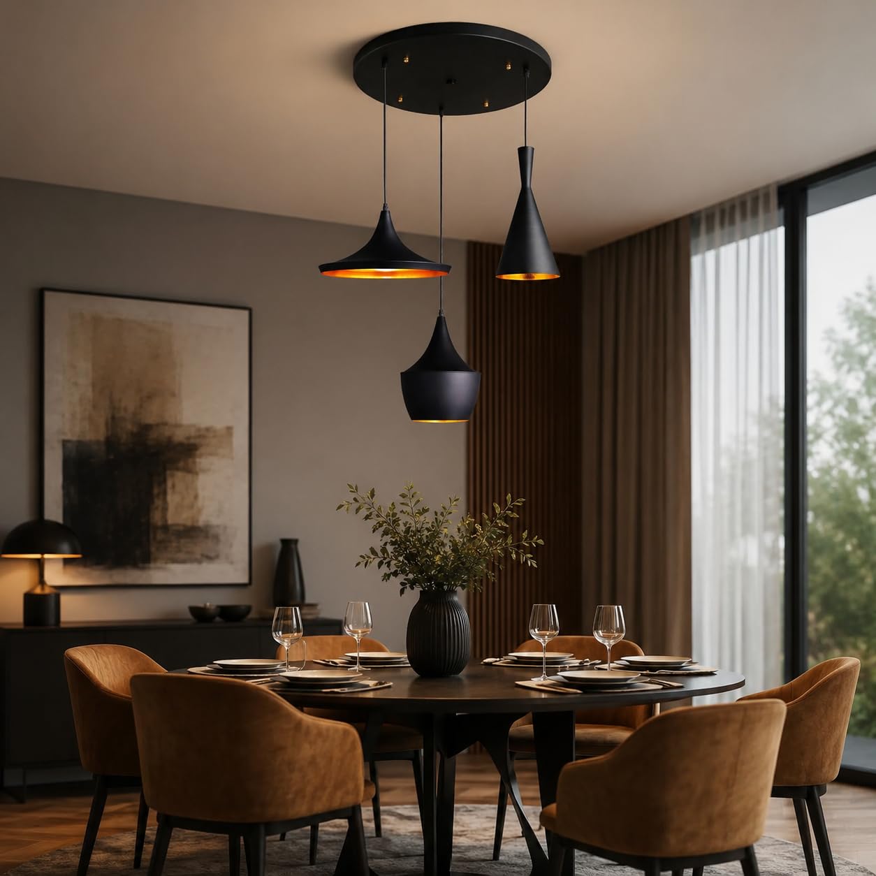 BARCELONA LED 3er Set Skandinavische Pendelleuchten SOLVANG HELGA KOLDING | Aluminium, Schwarzmatt, Goldene Innenseite, E27 Bis 40W, Höhenverstellbares Kabel, Warmes Licht
