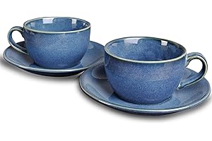 Bosmarlin Cappuccino Cup Set of 2, 8.5 Oz Royal Blue Ceramic Coffee Mug with Saucers