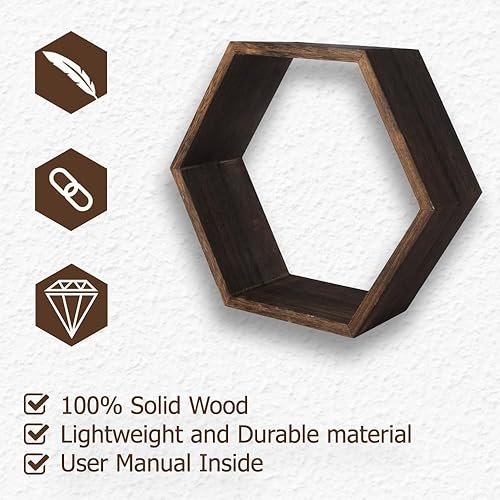 Miniatura 6 de Estantes hexagonales para pared, estantes de panal en diferentes tamaños y estante de madera pequeño, estantes flotantes de madera de Paulownia con