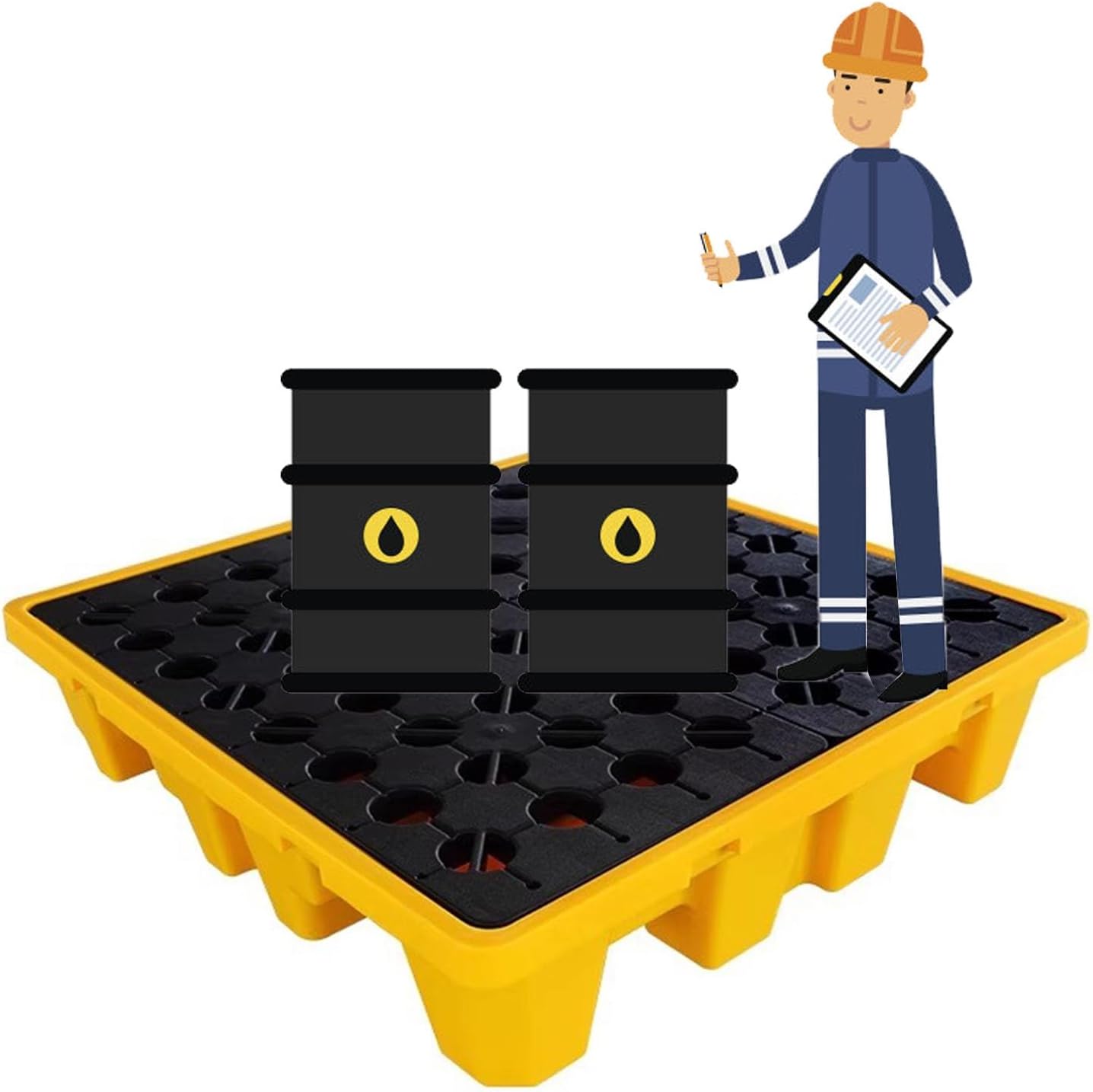 Modular 1/2 Drum Spill Containment Pallet, Stackable Polyethylene Tray with Drain & Forklift Pockets, Ideal for Garage & Basement Cargo Storage (49x35x9.5cm)