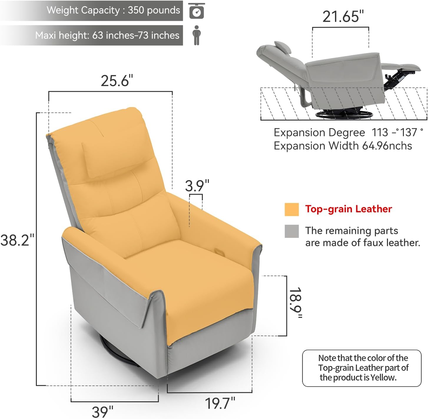 AIRSKY Leather Recliner Chair, Top Grain Leather, Italian Water-Washing Process, Movable Headrest,Recliner Chairs for Adults, Nursery Rocking Chairs,Swivel Rocker Recliner, Living Room Chair,Grey,R3