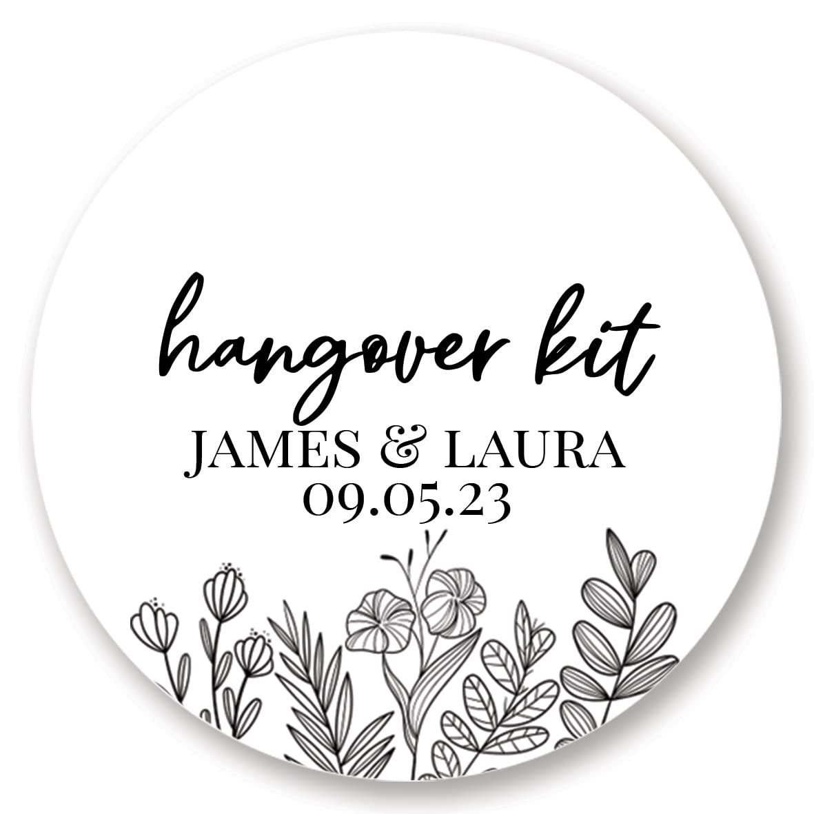 Personalised Floral Wedding Hangover Kit Favour Stickers/Labels (37mm (35 per Sheet), Hangover Kit, White)
