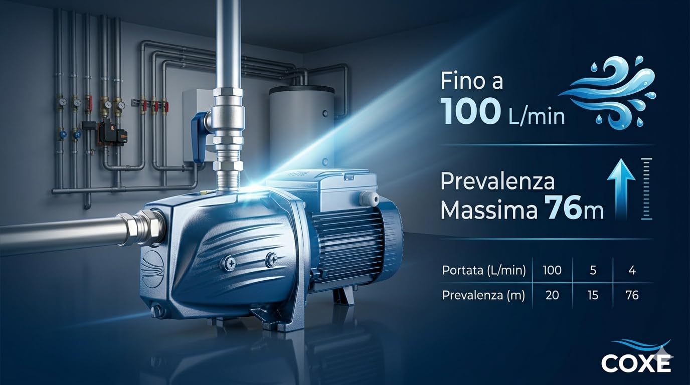 COXE Pedrollo JSWM 3BH Pompa Autoadescante Elettrica 2 HP, Elettropompa Centrifuga in Ghisa per Irrigazione e Autoclave, Portata 100 L/min, Prevalenza 76m, Monofase 220V