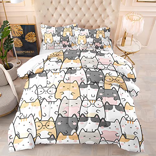Qoomo Kawaii Cat Comforter Queen Size,Cats Comforter Set For Kids Teens Girls Boys,3Pcs Bedding Set Printed Comforter With 2 Pillowcases,Down Alternative,Soft And Lightweight，Queen Size #TOP3