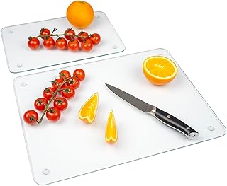 Tempered Glass Cutting Board for Kitchen, Clear Glass Cutting Board with Rubber Feet and Rounded Corners, Dishwasher Safe, Easy to Clean, Heat and Scratch Resistant-12x8 & 12x16 inch, 2Pcs