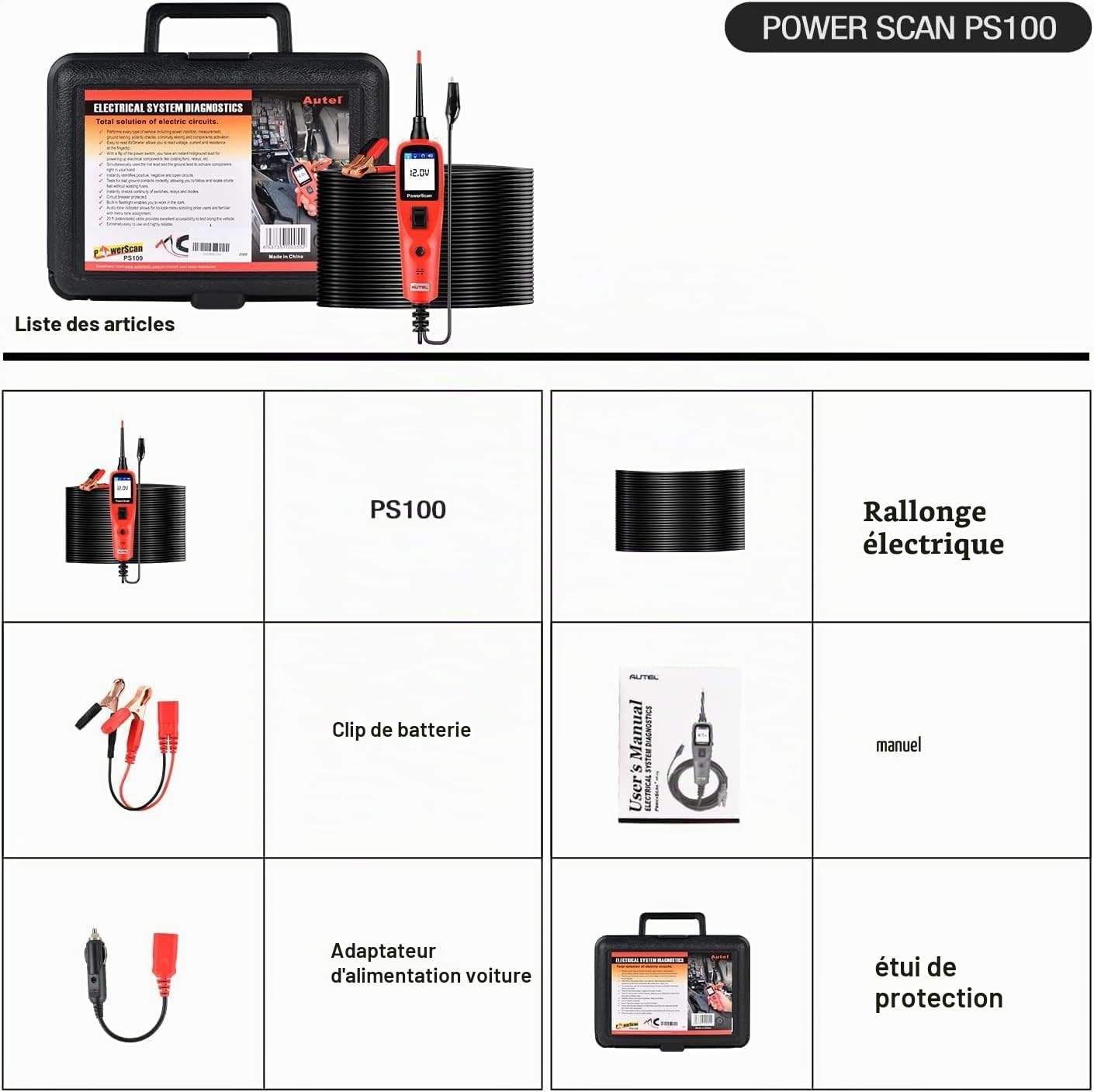 Autel PowerScan PS100 Sonde Circuit Électrique, 12V 24V Outil de Diagnostic Circuit Électrique, Testeur de Circuit Automobile, Lire la Résistance du Courant AC/DC, Disjoncteur Intégré, 20 Pieds Cordon