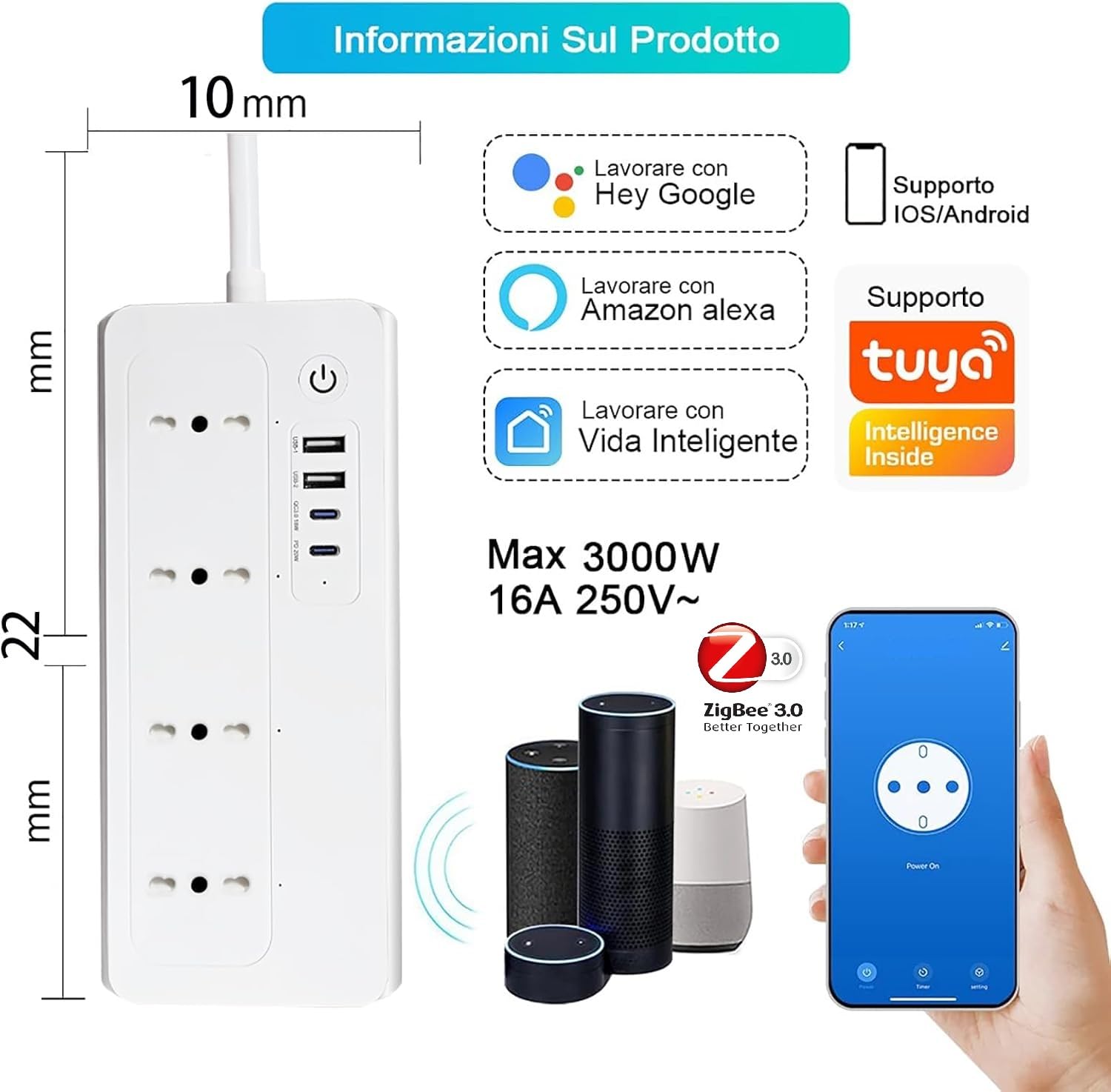 Xenon Zigbee Smart Multipresa WiFi Intelligente con 4 Prese AC 4 Porte USB, Protezione da Sovraccarico Compatibile con Alexa e Google Home, Smartthings e Google Assistant
