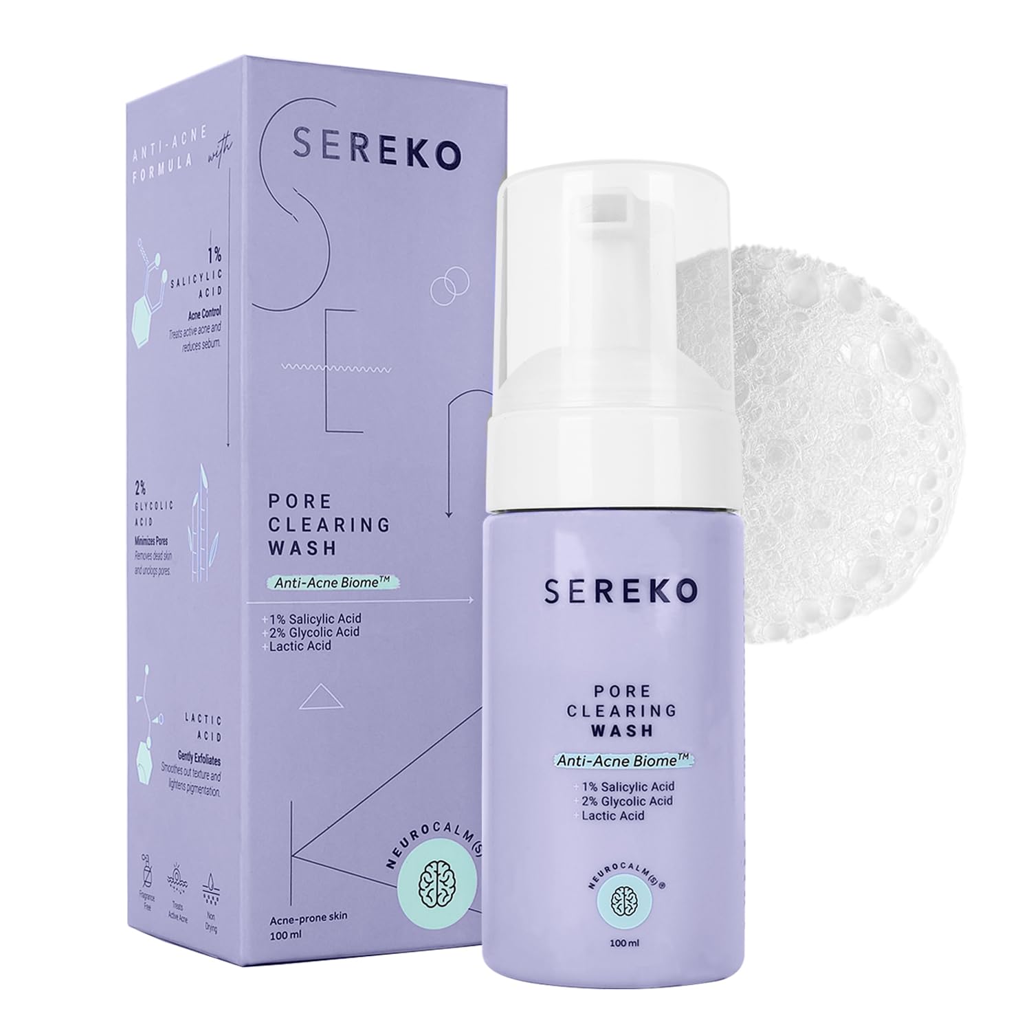 SEREKO Pore Clearing Face Wash with 1% Salicylic & Lactic Acid | Sulfate-Free Foaming Cleanser for Oily, Acne-Prone Skin | Deep Cleansing, Sebum Control & Gentle Exfoliation,Sulfate-Free – 100ml