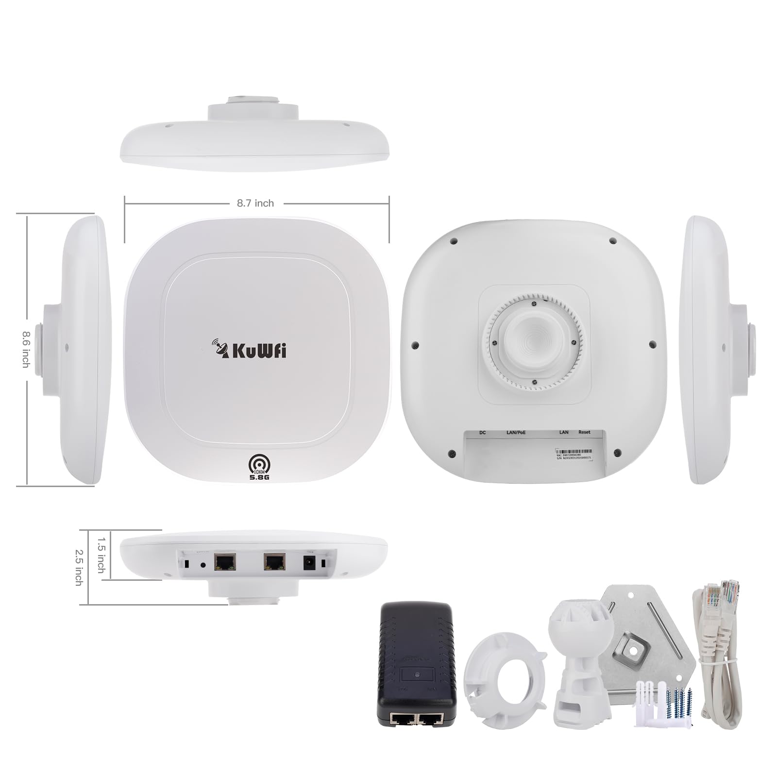 KuWFi Pont sans fil Gigabit extérieur de 10 km/6,2 miles, pont Wi-Fi point à point 5,8 G, pont Ethernet avec ports LAN Gigabit, antenne à gain élevé 17 dBi, alimentation 48 V PoE, pour Starlink