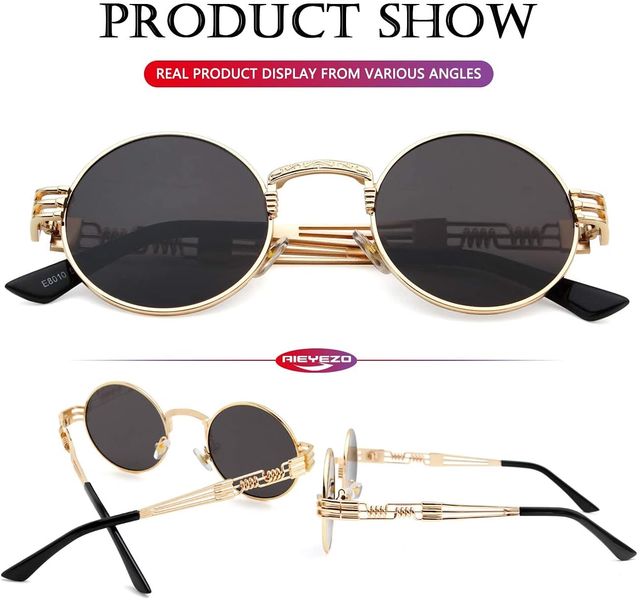 AIEYEZO Round Steampunk Sunglasses for Men Women Retro Circle Hippie Glasses Metal Frame 100% UV Blocking Lens