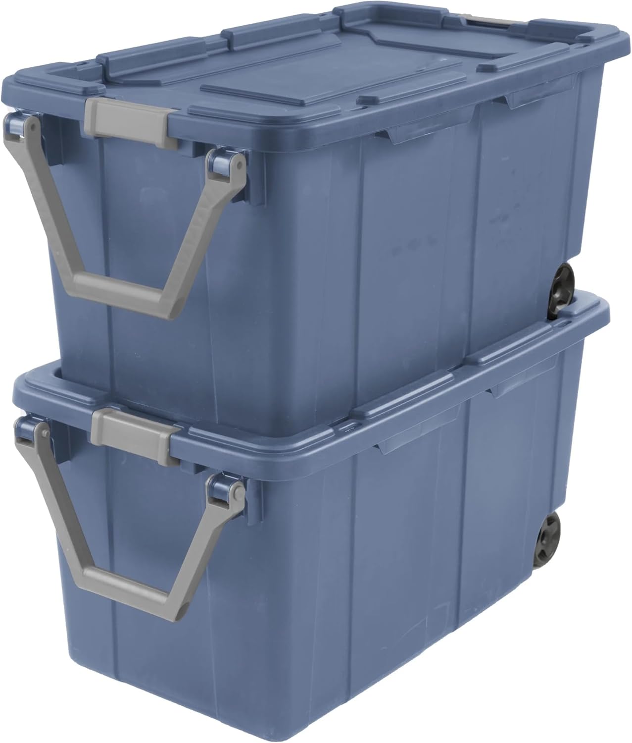 Extra Large 40 Gallon Wheeled Industrial Storage Bin, Rugged Plastic Storage Tote with Secure Latch Lid & Pull Handle, Stackable Heavy Duty Organizer, Blue, 2 Pack