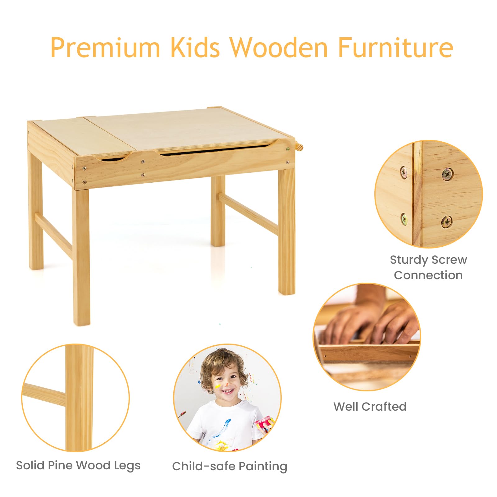 LIFEZEAL 2 en 1 Bureau à Dessin & Table de Blocs de Construction avec Espace de Rangement, Plateau Réversible, Rouleau de Papier, Table Multi-Activités en Bois pour Enfant 3 Ans+ (Naturel)