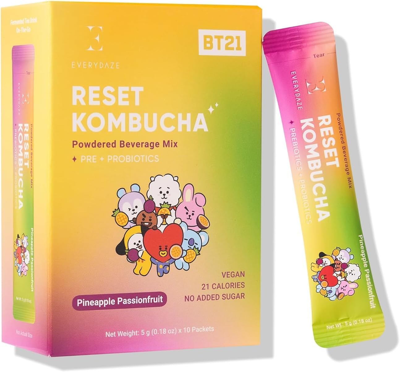 Everydaze BT21 Reset Kombucha Tea Powdered Beverage Mix | 10 Sticks | Prebiotics + Probiotics | Vegan | No Added Sugar, Gluten Free, Sparkling Powder Drink Pack (Pineapple Passion Fruit)