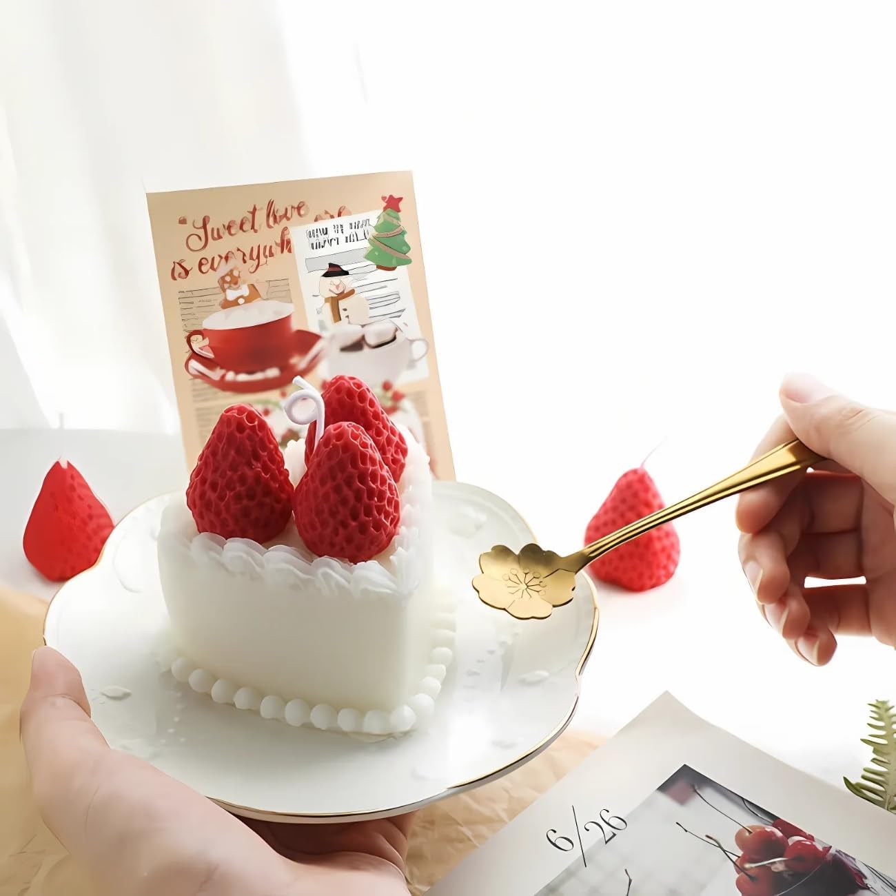 Strawberry Cake Candle, Handmade, Scented Birthday Cake Candle, Decorative Fake Food for Home Décor, Gift for Women & Girls, 3.15"x3.15" - Image 2