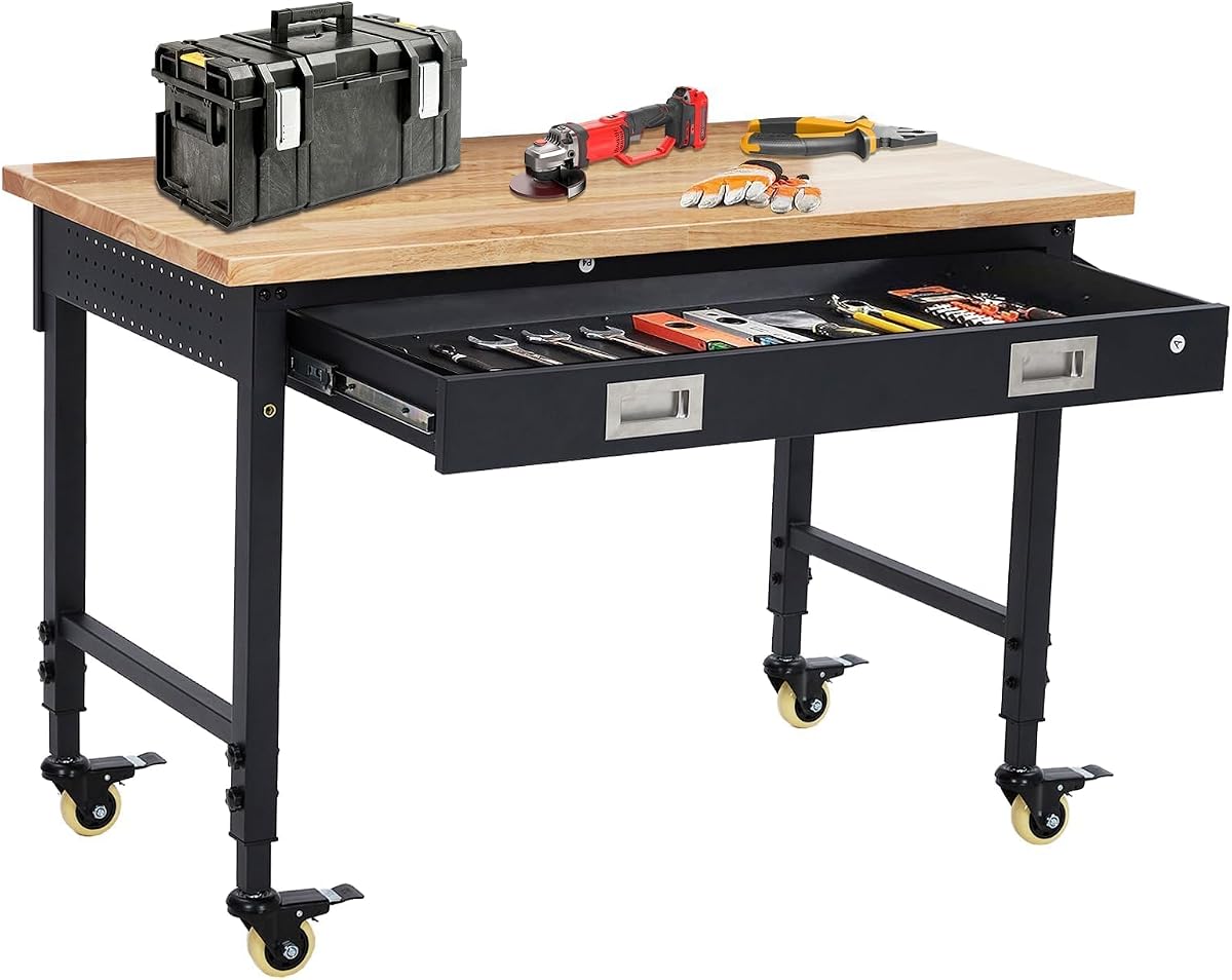 60" Adjustable Mobile Workbench with Lockable Wheels, Heavy-Duty 2000 Lb Capacity Work Table, Hardwood Top Workstation, Built-in Power Outlets, Rolling Garage Workbench for Workshop, Craft, and Office