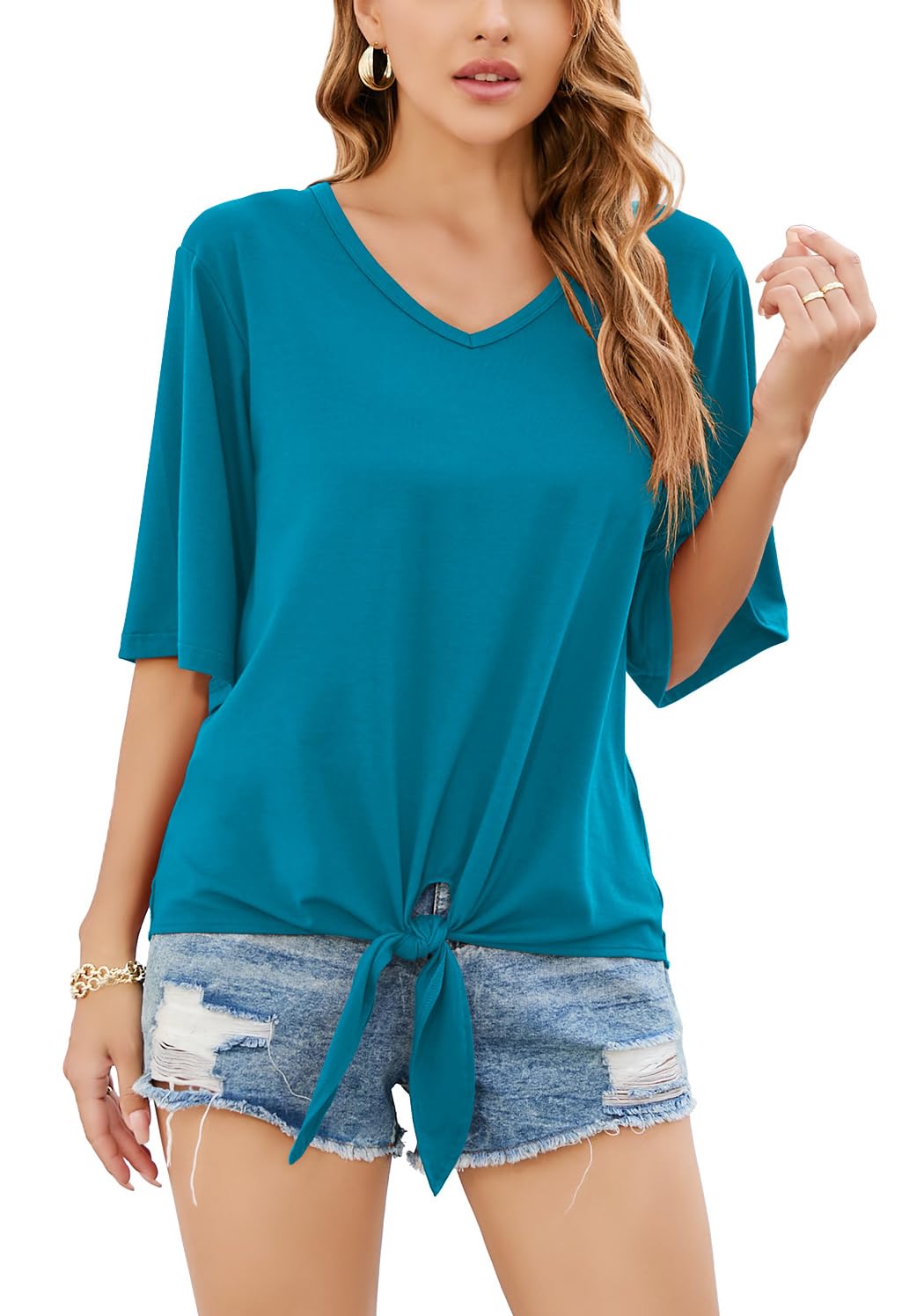 SUEANI Women's Tie Front Tops Summer V Neck 3/4 Bell Sleeve Twist Knot Shirt