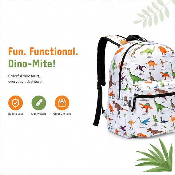 K-Cliffs Classic Backpack Basic Student Campus Daypack Simple Travel Rucksack with Chromebook Laptop Pocket Water Bottle Holder Padded Straps Printed Dinosaur Pattern White