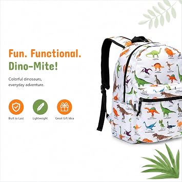 K-Cliffs Classic Backpack Basic Student Campus Daypack Simple Travel Rucksack with Chromebook Laptop Pocket Water Bottle Holder Padded Straps Printed Dinosaur Pattern White