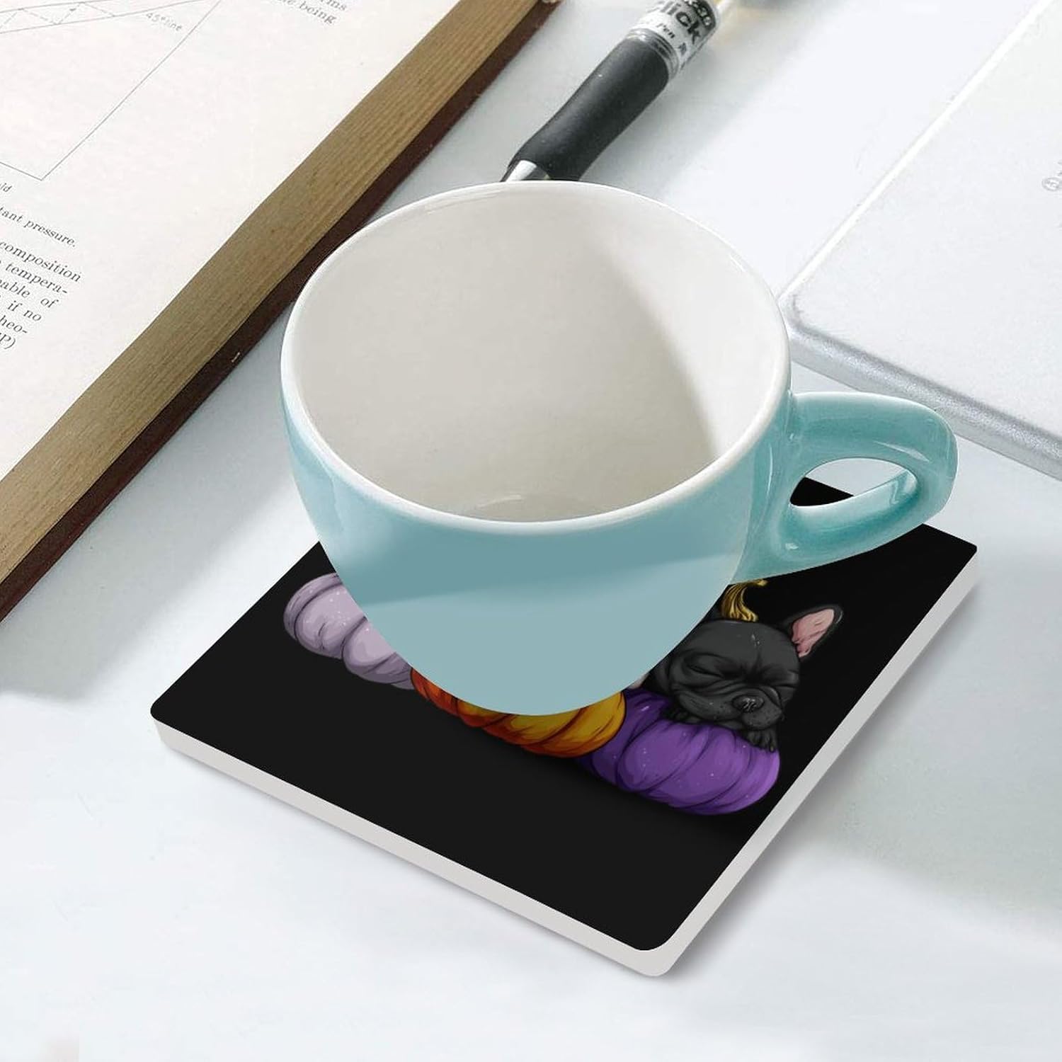 French Bulldog Pumpkin Coaster for Drinks Square Ceramic Table Coasters Stone Mat Crafts 4PCS Home Kitchen Decor