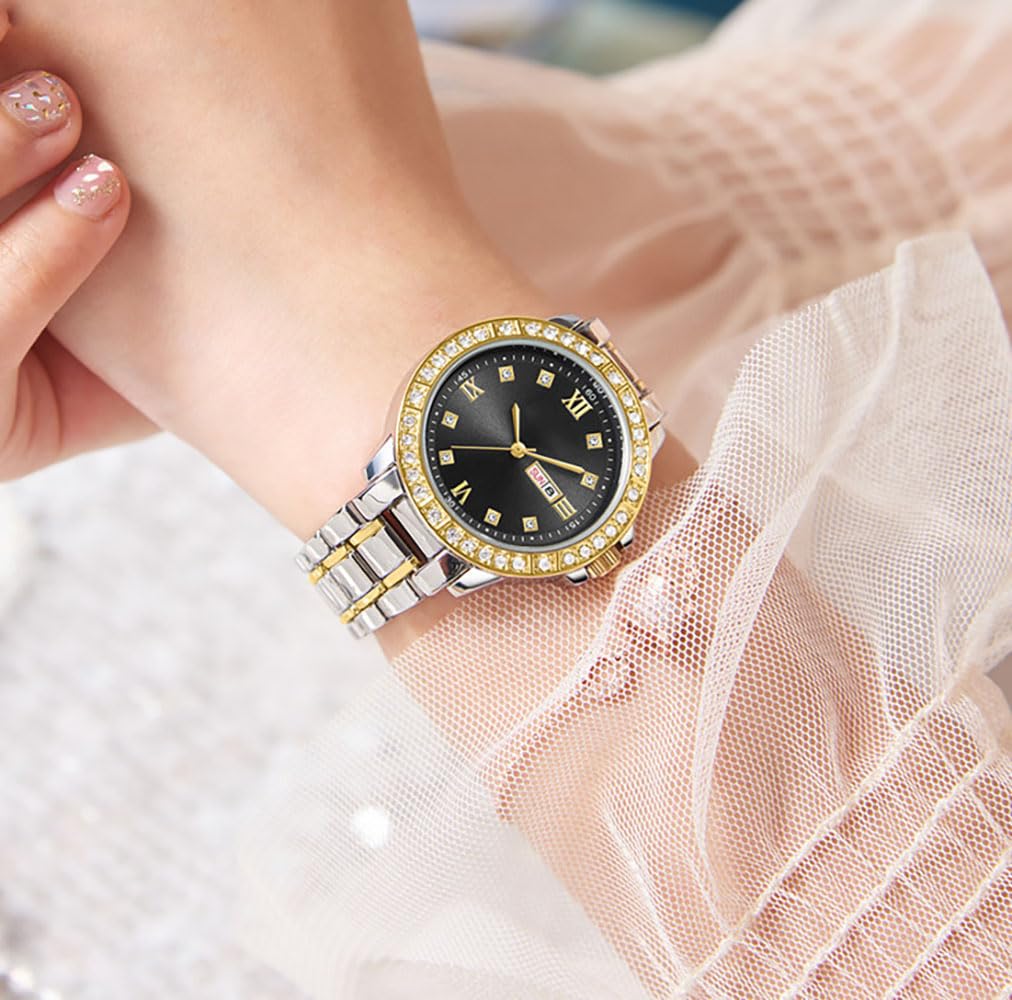 ADSBIAOYE Womens Watch Luxury Diamond Dress Analog Quartz Watch Stainless Steel Waterproof Date Business Casual Wrist Watch (1 Silver) (Black)