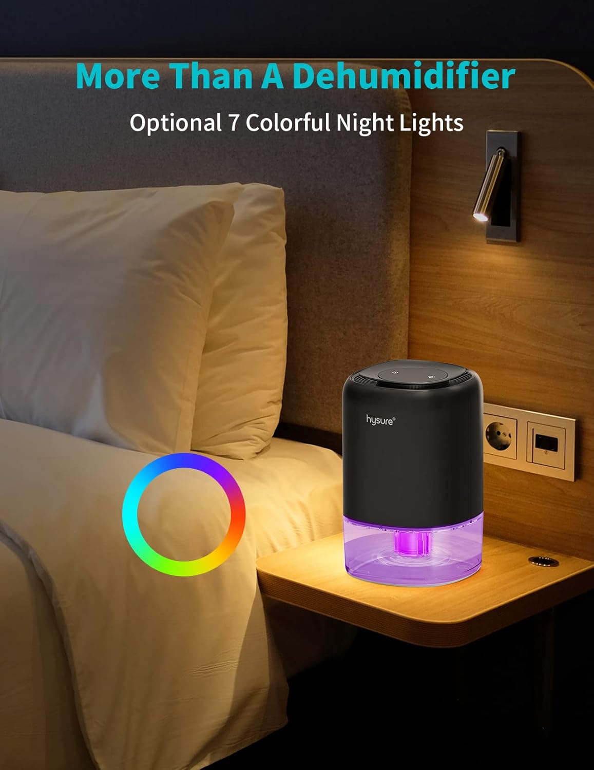 Hysure Small Dehumidifier on a nightstand with colorful lights.