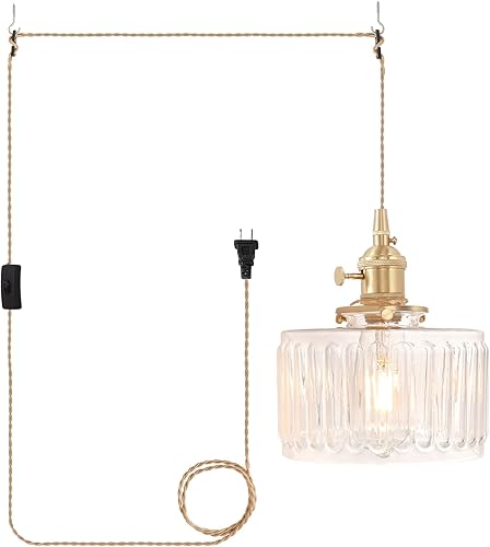 Miniatura 38 de Lámpara Colgante Enchufable Accesorio de Luz Colgante con Cable Interruptor de Encendido/Apagado Lámpara Colgante de Latón con Pantalla de Vidrio a