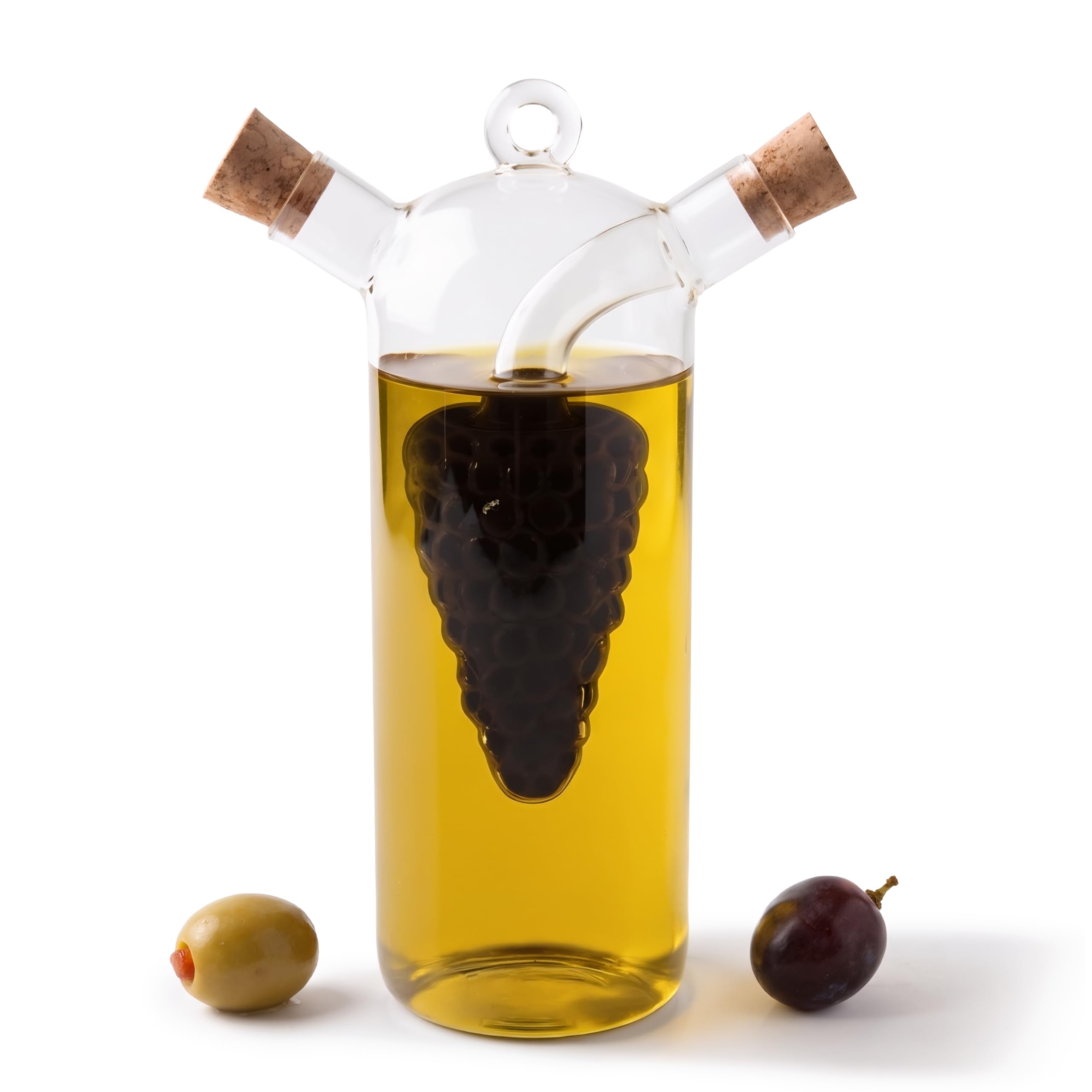 GEEZY 2 in 1 Oil and Vinegar Dispenser Glass Bottle 250ml & 35ml - Dual Pourer Cruet Oil Bottle with Airtight Cork Stoppers & Inner Grape Design - Great for Kitchen Cooking & Salad Dressings