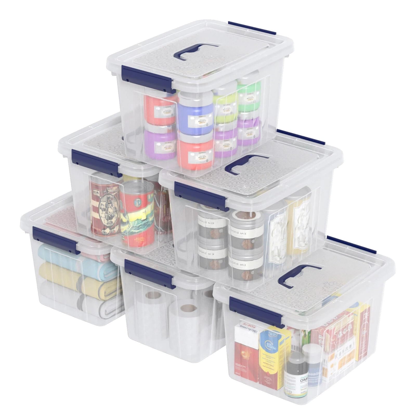 Ziglous 12 L Clear Plastic Storage Boxes with Lid and Handle, 6 Packs, Blue