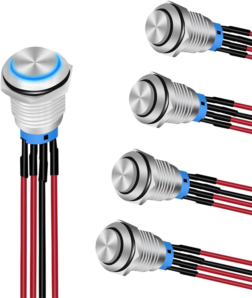 5 Pack 12mm Push Button Switch with Pre-Wiring, 12V 24V Self Locking Latching LED Round Button Switch Silver Shell SPDT 4Pin Waterproof Metal Switch for Boats Cars Truck