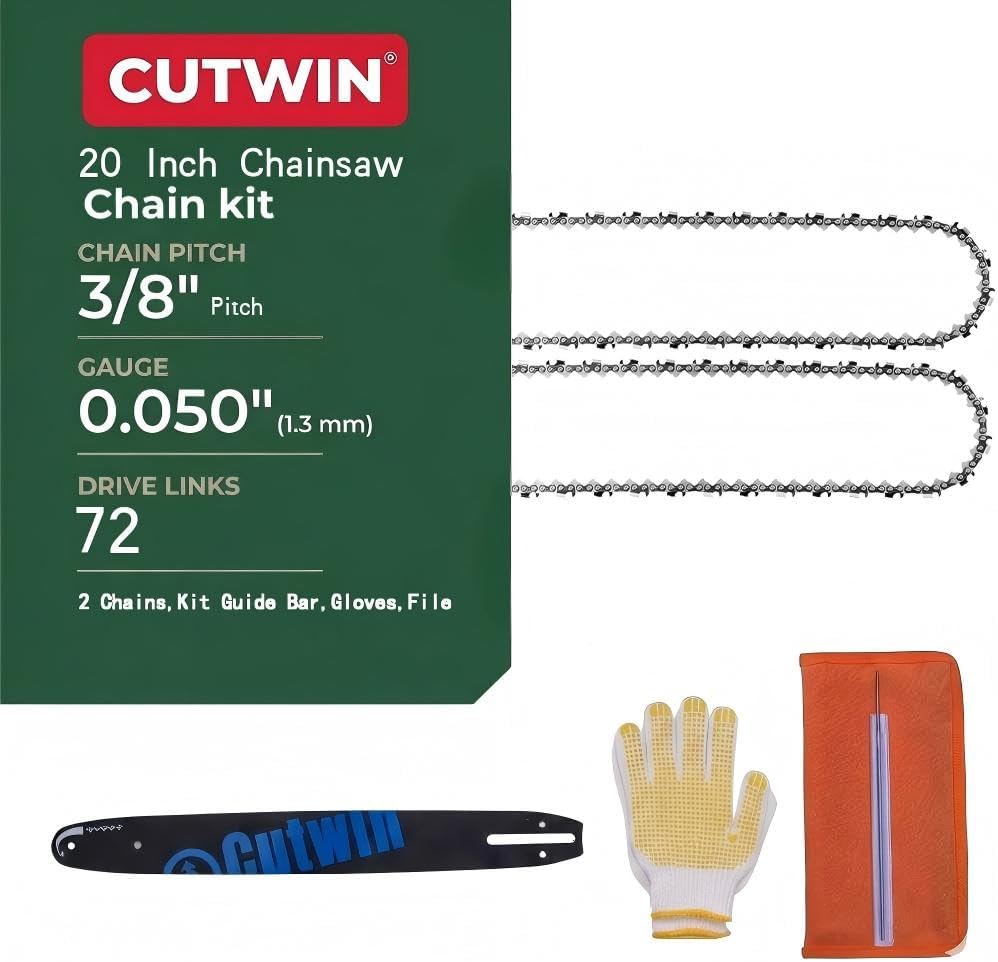 20 Inch Chainsaw Chain kit，3/8" Pitch, 0.050" Gauge, 72 Drive Links Fits for STIHL,Husqvarna,Echo,Ryobi,Greenworks,Ego,Poulan Pro,Craftsman and More（2 Chains，Kit Guide Bar, Gloves, File)