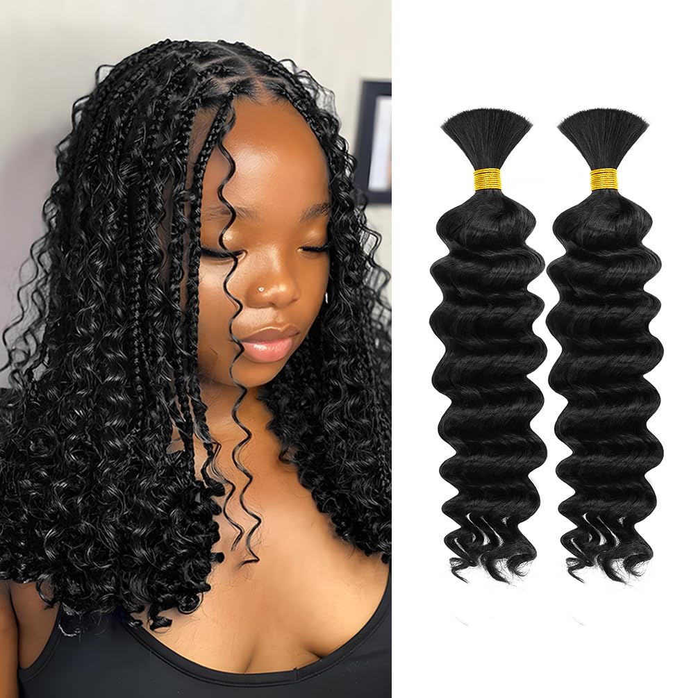 Human Braiding Hair for Boho Knotless Braids 2 Bundles 14 Inches 80g Deep Wave Bulk Human Hair for Braiding Hair Wet and Wavy 10A Brazilian Virgin