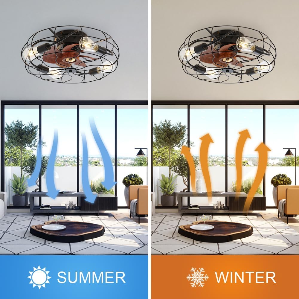 Indoor Low Profile 20 Inch Industrial 7 Blades Remote Control Ceiling Fan with Bulb Light, Quiet Operation, Energy Saving