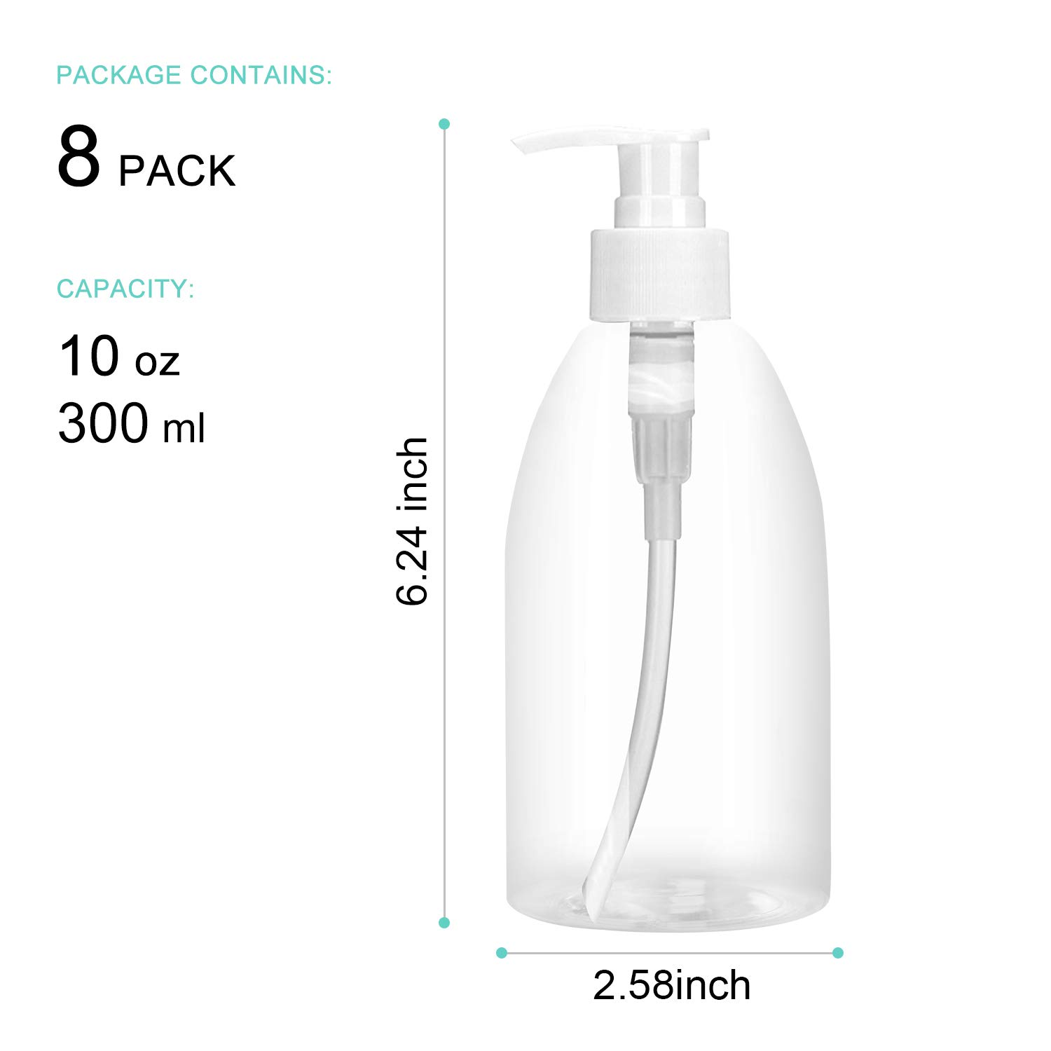 Plastic Pump Bottle 10oz/300ml,Woaiwo-q Soap Dispenser Empty Shampoo Dispenser Bottles for Cleaning Solutions,Hair,Oils,(8 Pack)