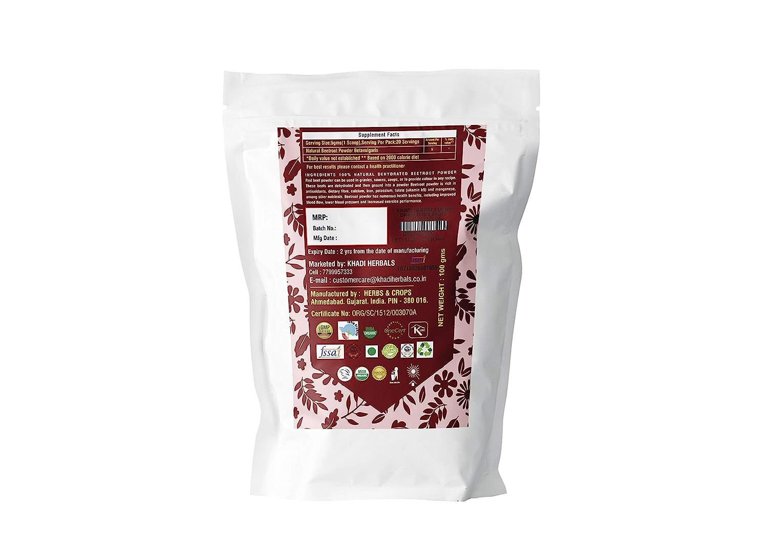 HERBALS 100% NATURAL BEETROOT POWDER For Hair, Nourishes Hair Follicles & Scalp - 100% Pure & Natural - 100 gm, 3.53 Ounce