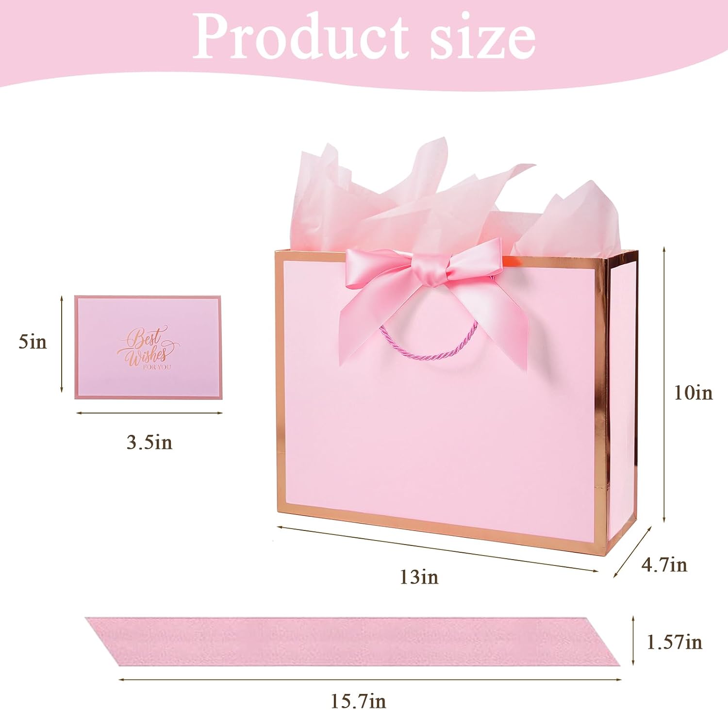 Plauthus 13" Gift Bag, Ribbon, Greeting Card, 2 Tissue Paper, Pink image 3