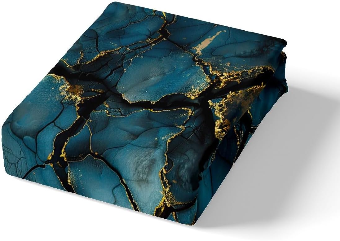 Feelyou Navy Blue Marble Bed Sheets Set Queen Size Modern Marble Aesthetic Sheet Set Retro Watercolor Artwork Design Sheets with Deep Pocket Fitted Sheet Abstract Marble Texture Printed Bedding Set