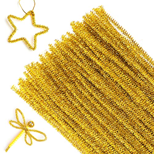 G2PLUS 100PCS Chenilla Tallos Limpia Pipas Limpiapipas de Navidad-Glitter Pipe Cleaners Crafts Set 6 mm * 30 cm para Navidad DIY Fabricación Manualidades (Oro）